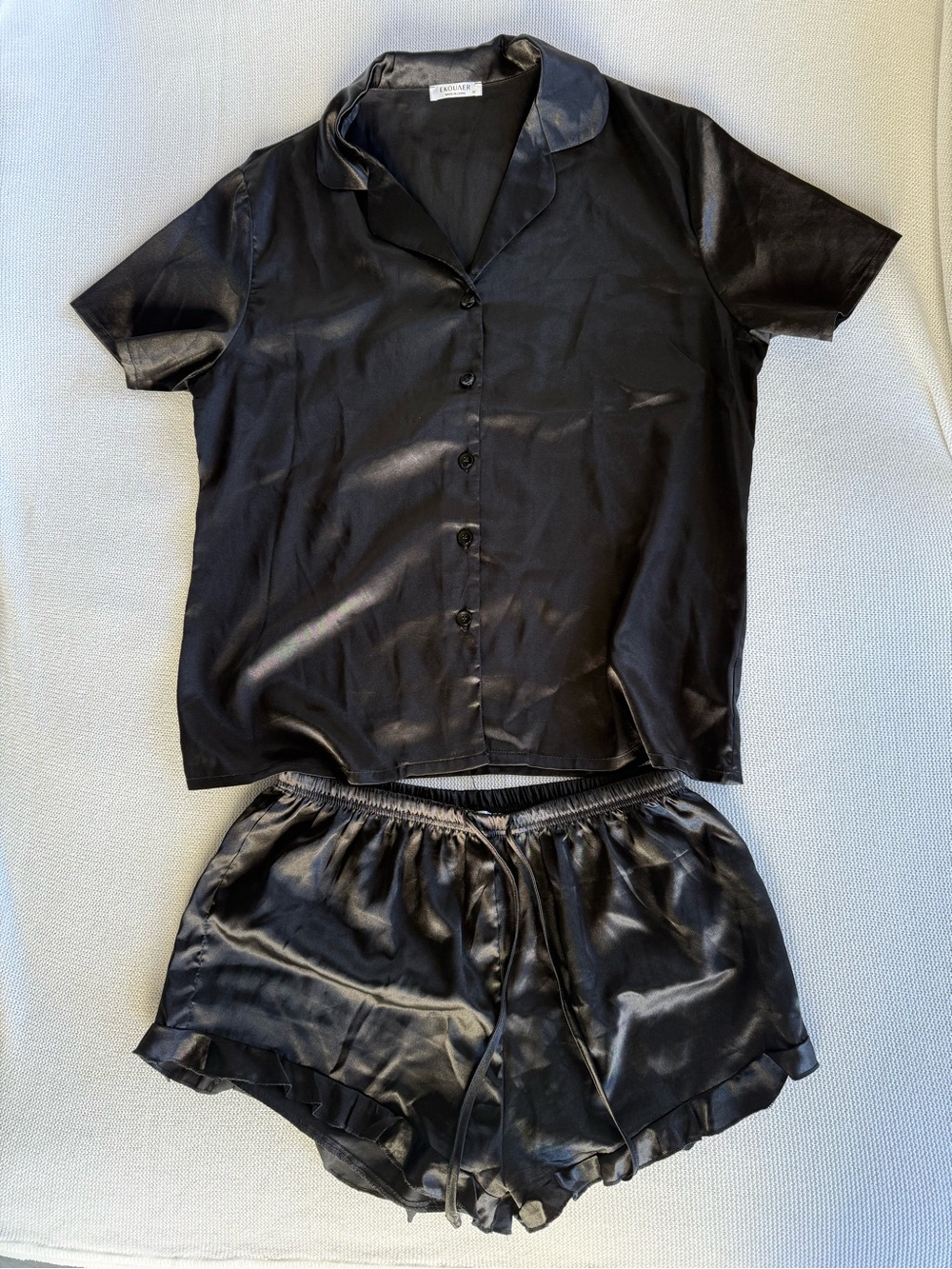 Sateen Short Sleeve Button Pajama Set - Black